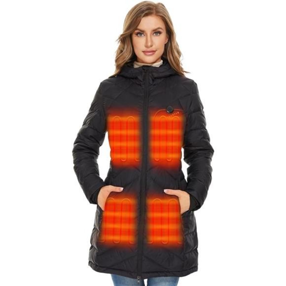 Women's Heated Long Jacket with 90% Duck Down, 7.4V Battery Pack